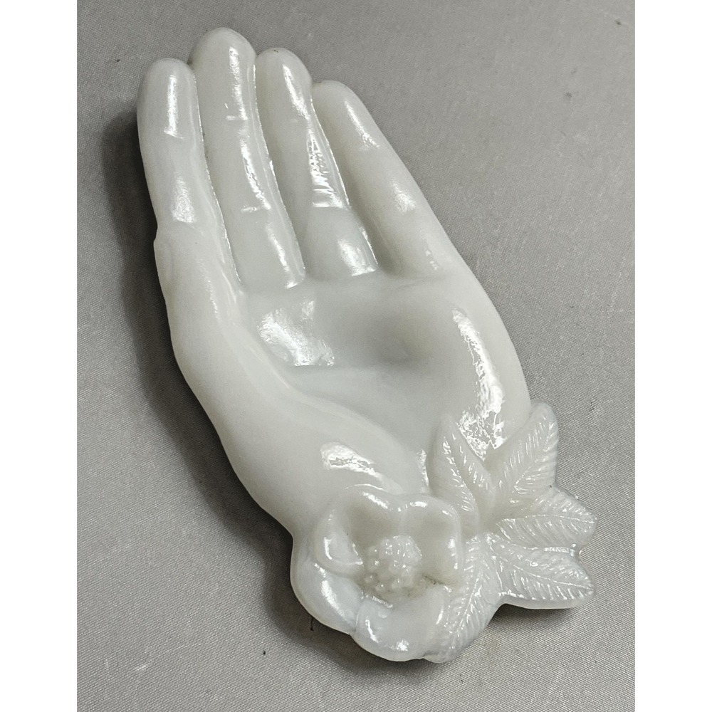 Vintage Milk Glass Hand Dish Trinket Holder Flower Leaf Jewelry Decor 5 Inch